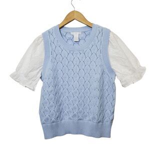 Design History Womens Sky Blue Cable-Knit Twofer Pullover Sweater Size L Preppy